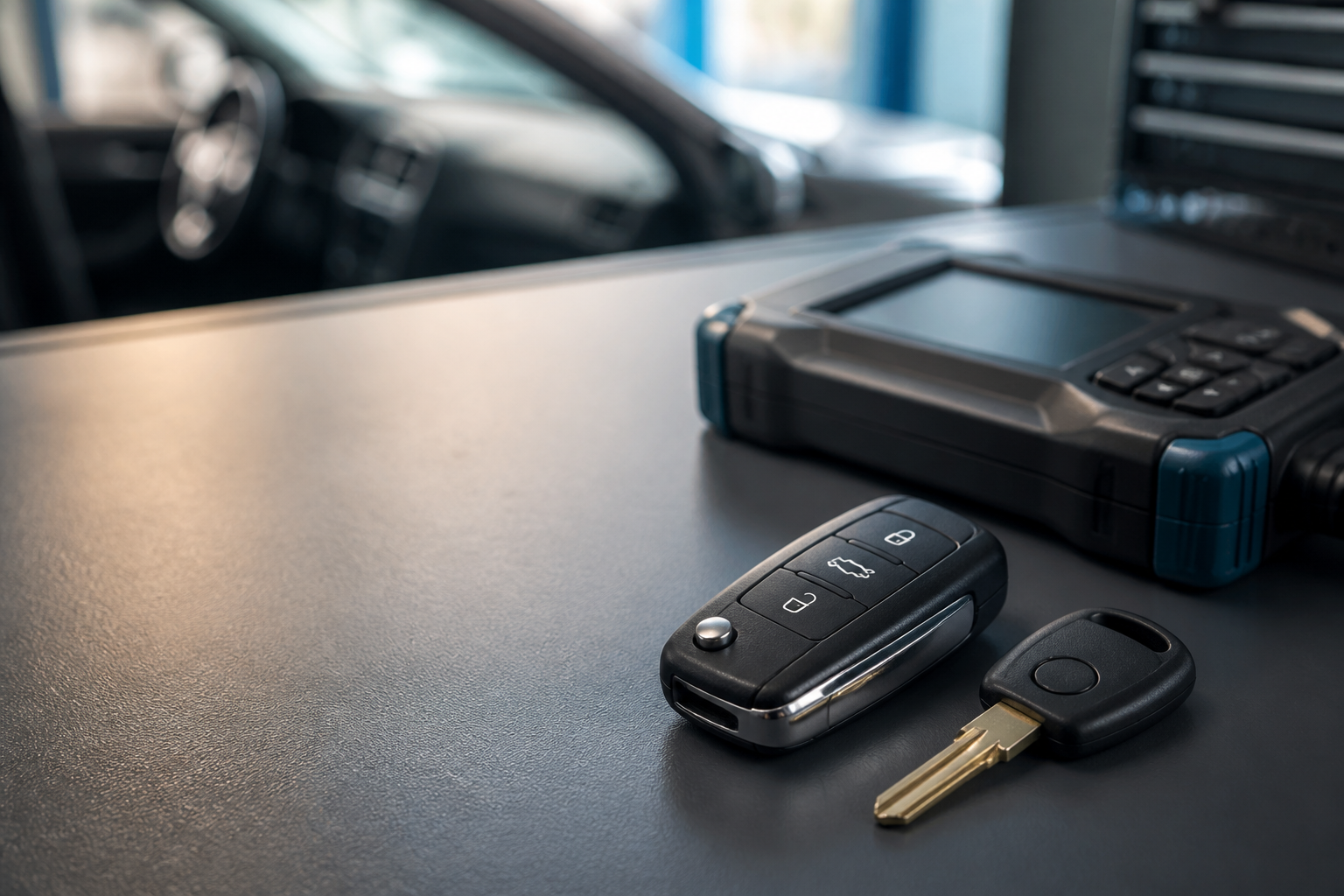 Unbranded modern car key fob, transponder key and automotive programming equipment on a workbench